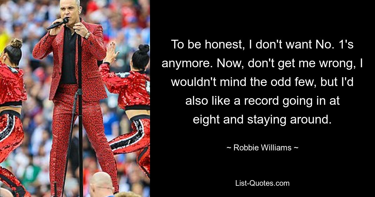 To be honest, I don't want No. 1's anymore. Now, don't get me wrong, I wouldn't mind the odd few, but I'd also like a record going in at eight and staying around. — © Robbie Williams