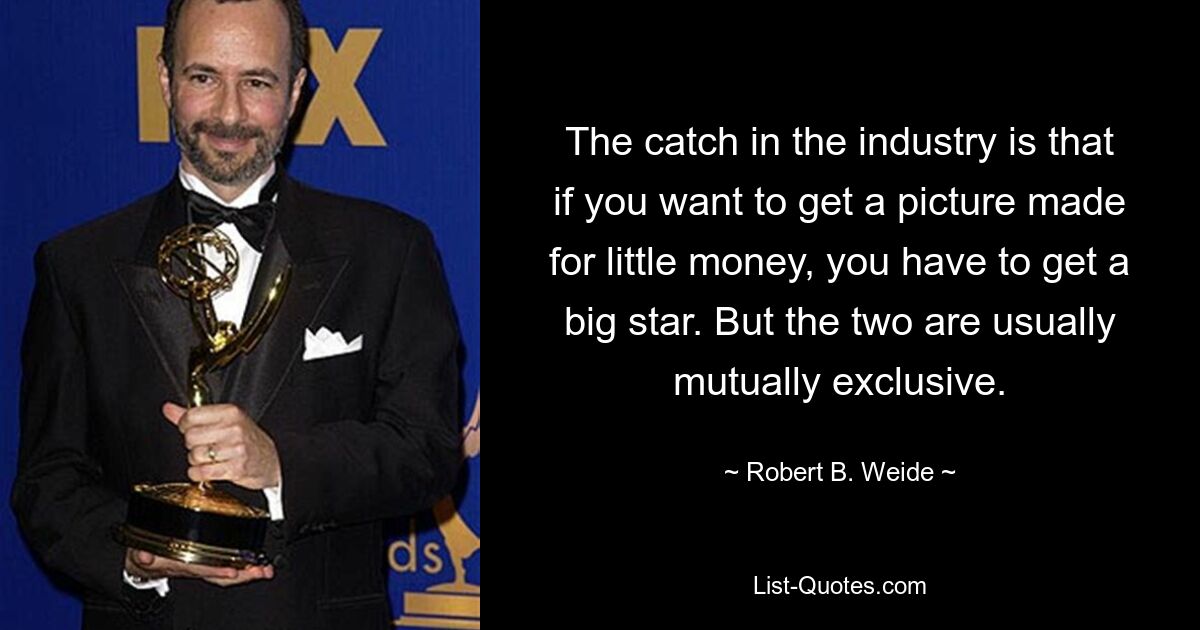 The catch in the industry is that if you want to get a picture made for little money, you have to get a big star. But the two are usually mutually exclusive. — © Robert B. Weide