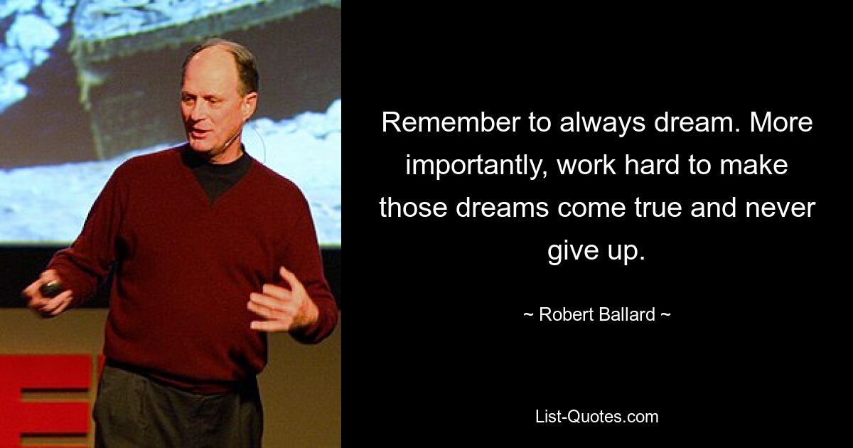 Remember to always dream. More importantly, work hard to make those dreams come true and never give up. — © Robert Ballard