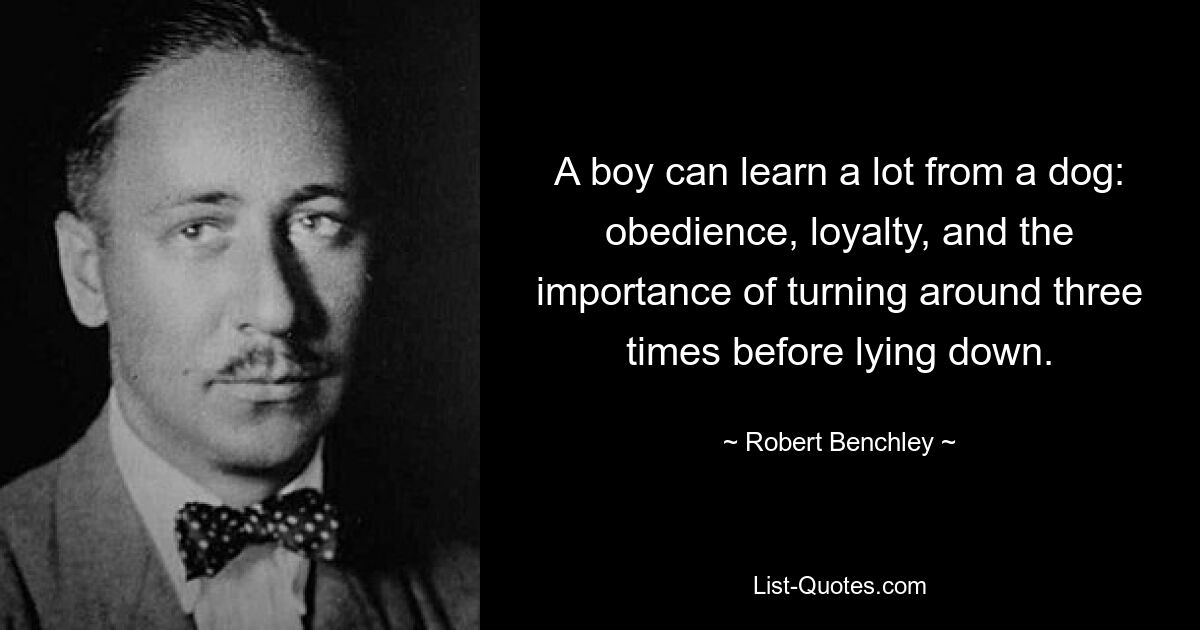 A boy can learn a lot from a dog: obedience, loyalty, and the importance of turning around three times before lying down. — © Robert Benchley