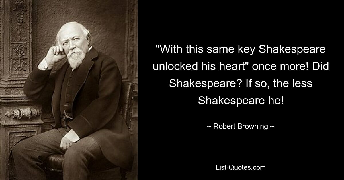 "With this same key Shakespeare unlocked his heart" once more! Did Shakespeare? If so, the less Shakespeare he! — © Robert Browning