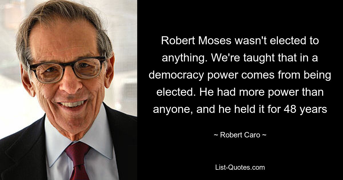 Robert Moses wasn't elected to anything. We're taught that in a democracy power comes from being elected. He had more power than anyone, and he held it for 48 years — © Robert Caro