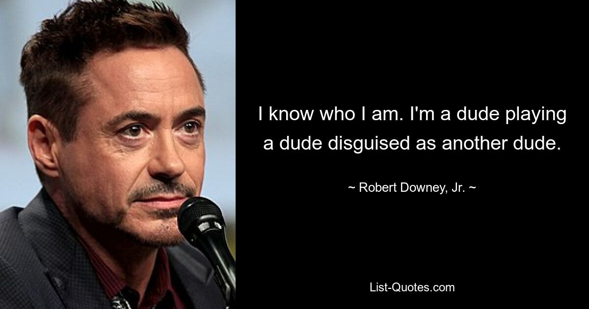 I know who I am. I'm a dude playing a dude disguised as another dude. — © Robert Downey, Jr.