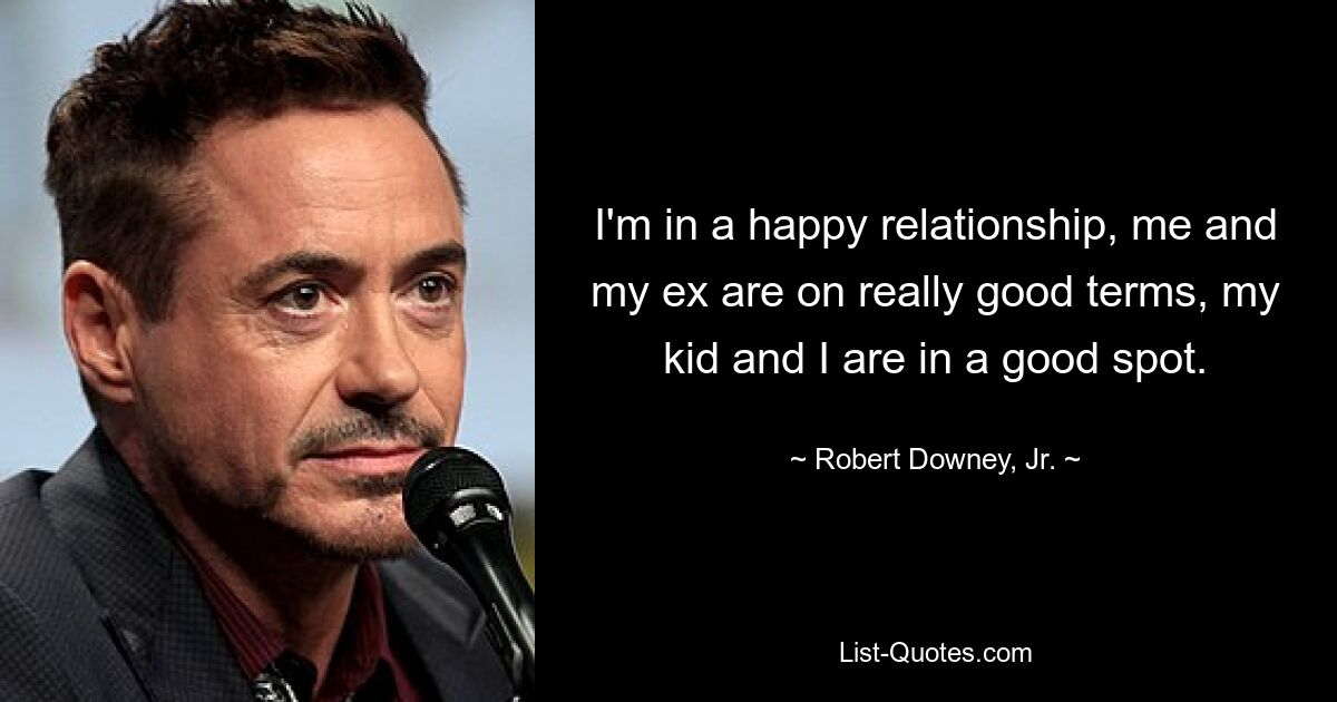 I'm in a happy relationship, me and my ex are on really good terms, my kid and I are in a good spot. — © Robert Downey, Jr.