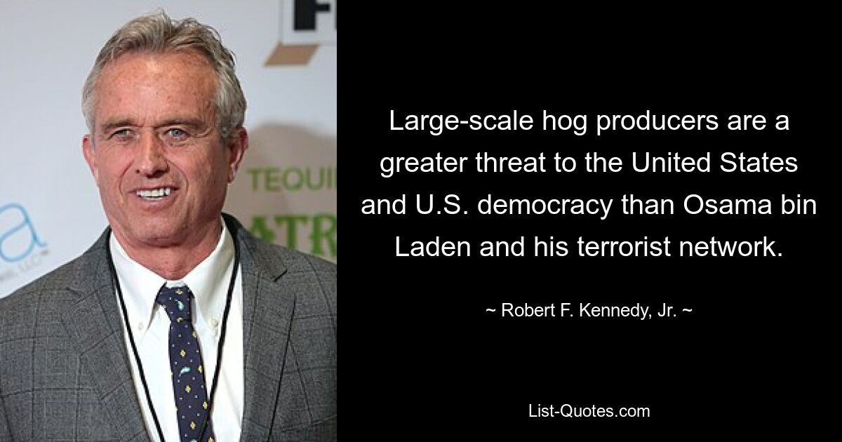 Large-scale hog producers are a greater threat to the United States and U.S. democracy than Osama bin Laden and his terrorist network. — © Robert F. Kennedy, Jr.