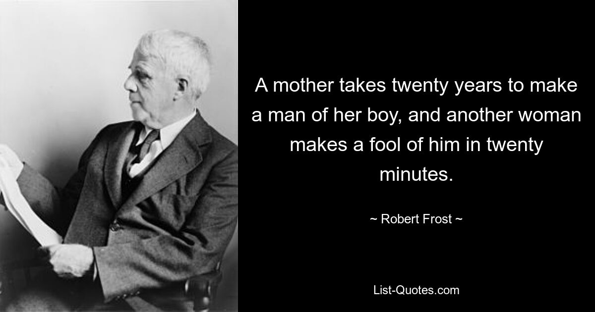 A mother takes twenty years to make a man of her boy, and another woman makes a fool of him in twenty minutes. — © Robert Frost