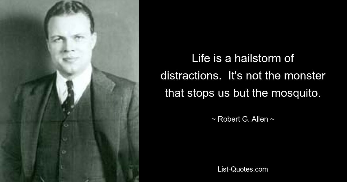 Life is a hailstorm of distractions.  It's not the monster that stops us but the mosquito. — © Robert G. Allen