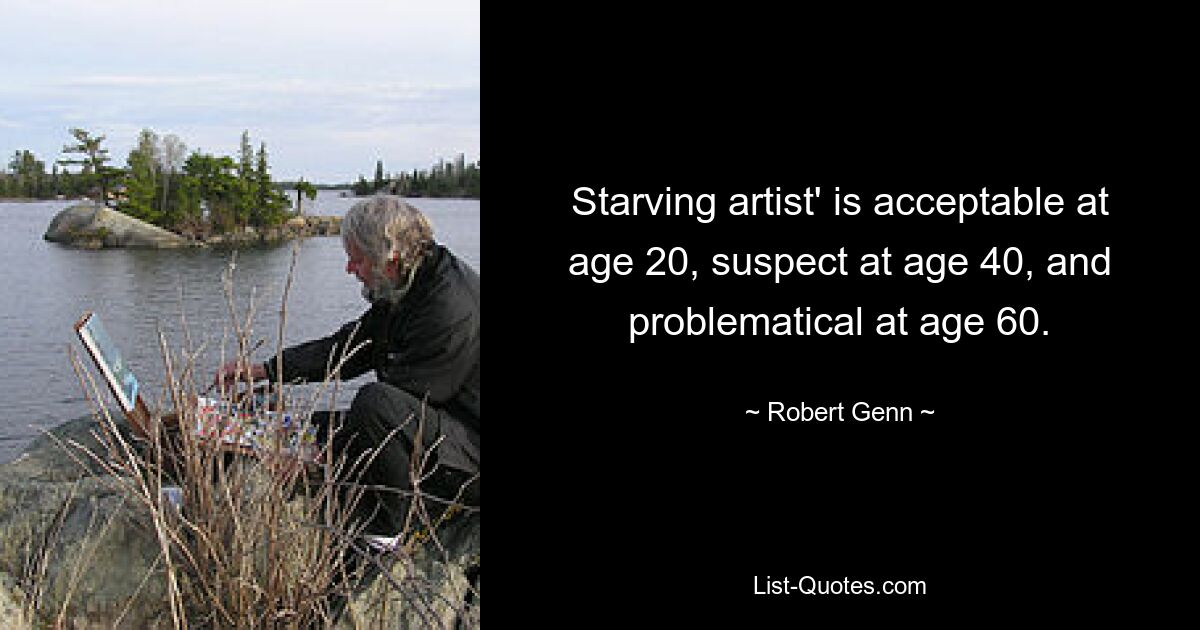 Starving artist' is acceptable at age 20, suspect at age 40, and problematical at age 60. — © Robert Genn