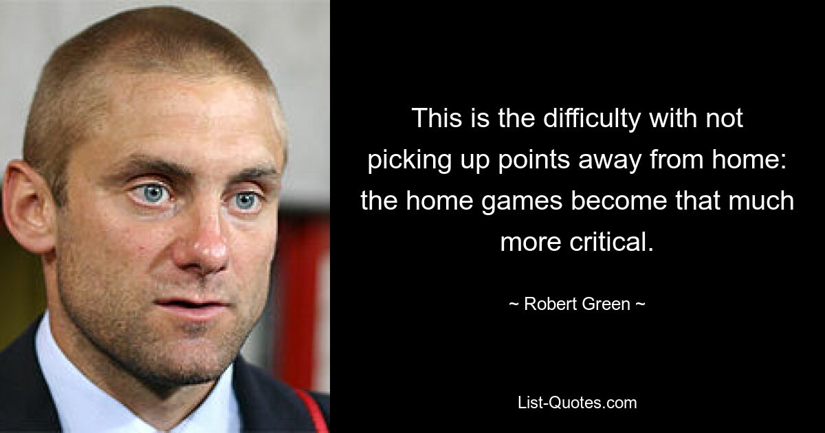 This is the difficulty with not picking up points away from home: the home games become that much more critical. — © Robert Green