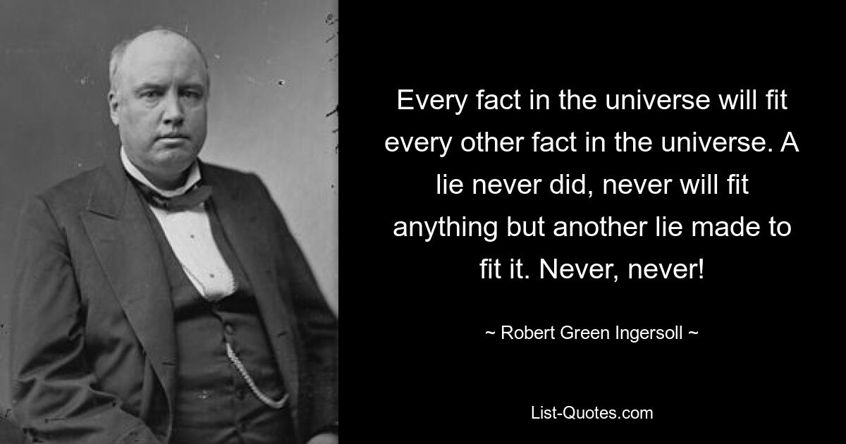 Every fact in the universe will fit every other fact in the universe. A lie never did, never will fit anything but another lie made to fit it. Never, never! — © Robert Green Ingersoll