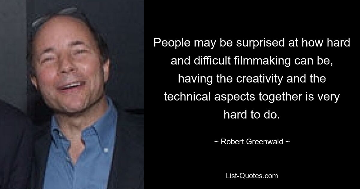 People may be surprised at how hard and difficult filmmaking can be, having the creativity and the technical aspects together is very hard to do. — © Robert Greenwald