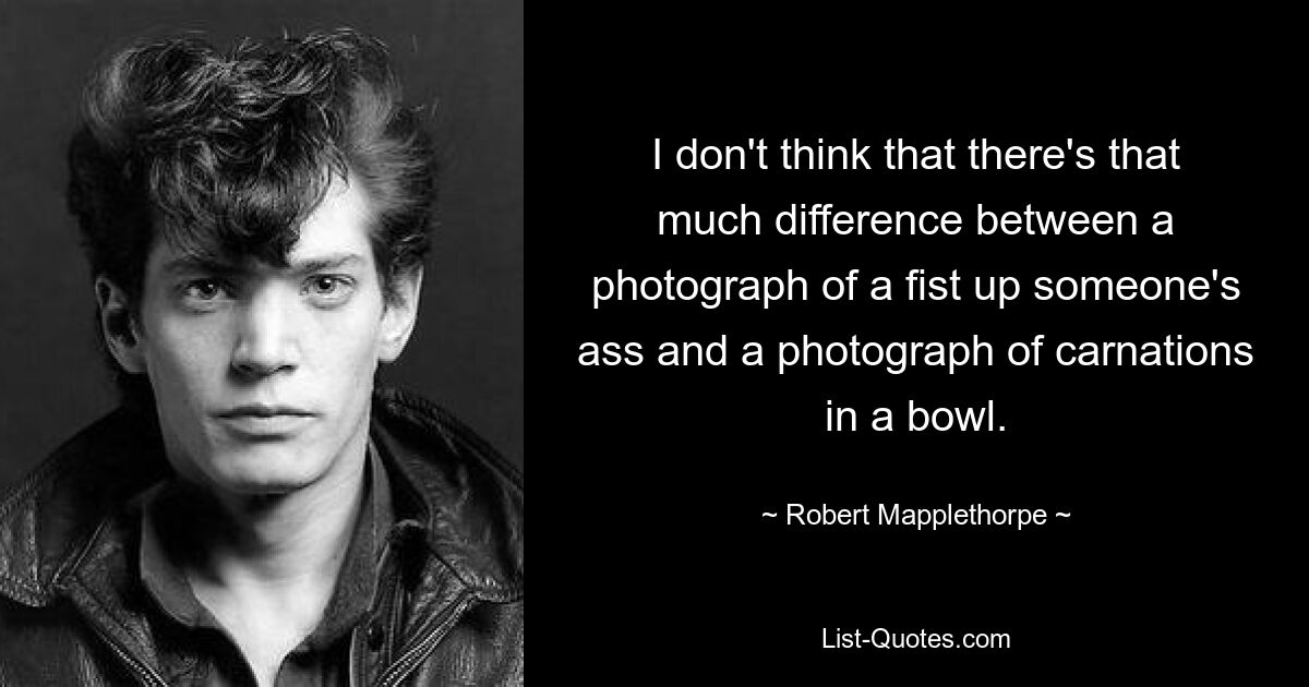 I don't think that there's that much difference between a photograph of a fist up someone's ass and a photograph of carnations in a bowl. — © Robert Mapplethorpe