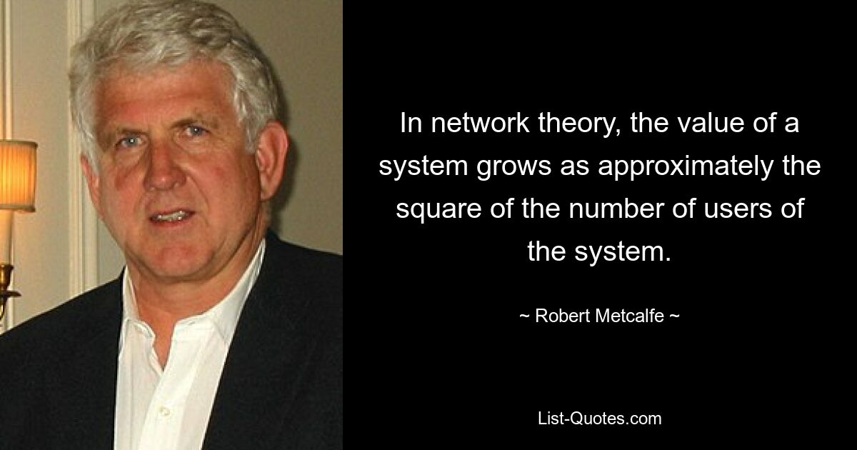 В теории сетей ценность системы растет примерно пропорционально квадрату числа пользователей системы. — © Роберт Меткалф 