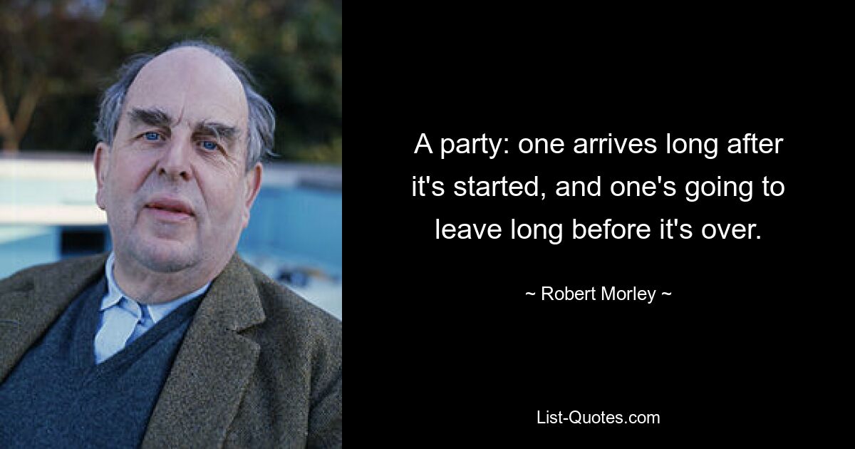 A party: one arrives long after it's started, and one's going to leave long before it's over. — © Robert Morley