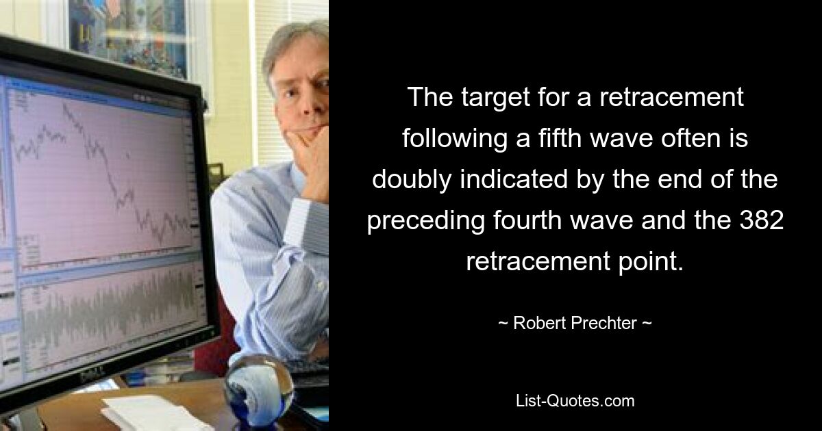 The target for a retracement following a fifth wave often is doubly indicated by the end of the preceding fourth wave and the 382 retracement point. — © Robert Prechter