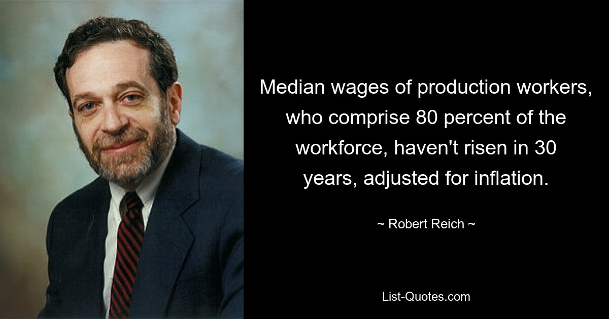 Median wages of production workers, who comprise 80 percent of the workforce, haven't risen in 30 years, adjusted for inflation. — © Robert Reich