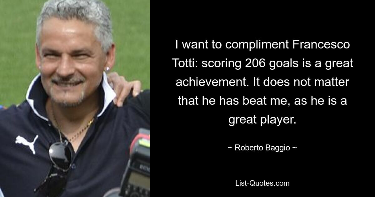 I want to compliment Francesco Totti: scoring 206 goals is a great achievement. It does not matter that he has beat me, as he is a great player. — © Roberto Baggio