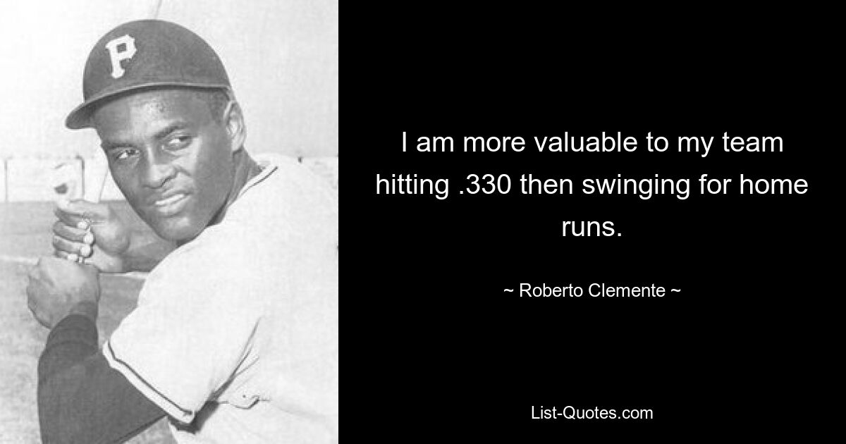 I am more valuable to my team hitting .330 then swinging for home runs. — © Roberto Clemente