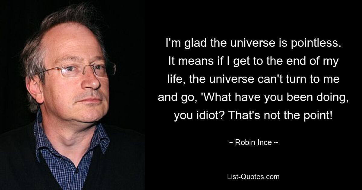 I'm glad the universe is pointless. It means if I get to the end of my life, the universe can't turn to me and go, 'What have you been doing, you idiot? That's not the point! — © Robin Ince