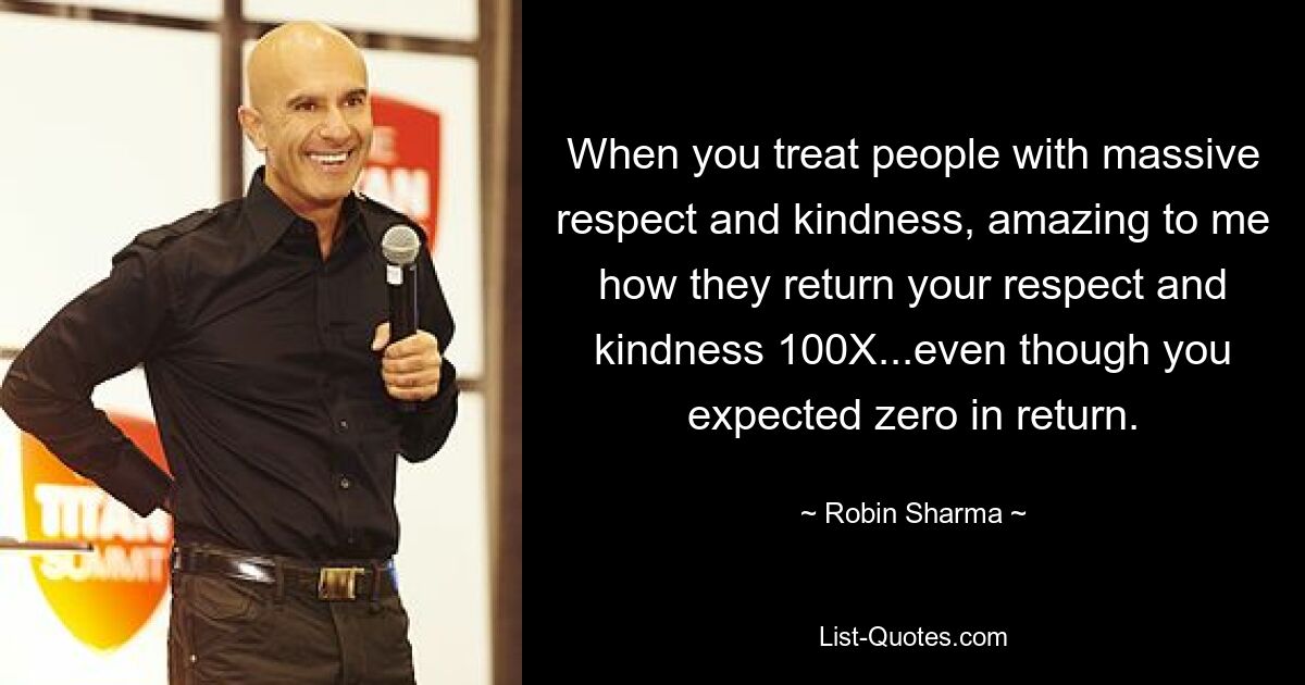 When you treat people with massive respect and kindness, amazing to me how they return your respect and kindness 100X...even though you expected zero in return. — © Robin Sharma