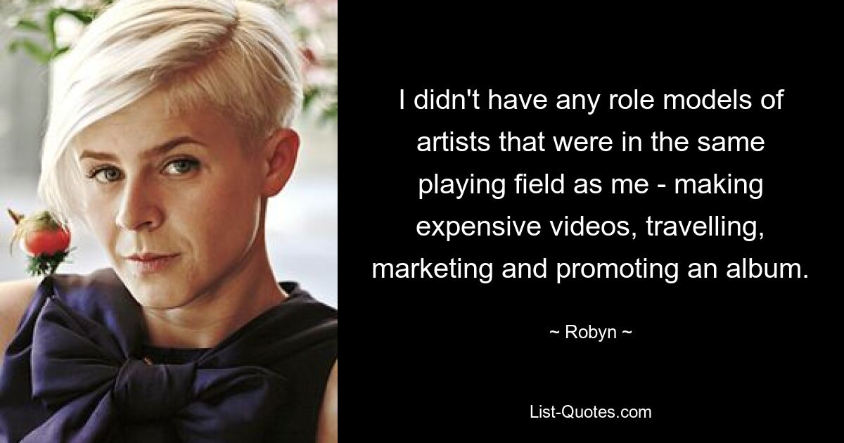 I didn't have any role models of artists that were in the same playing field as me - making expensive videos, travelling, marketing and promoting an album. — © Robyn