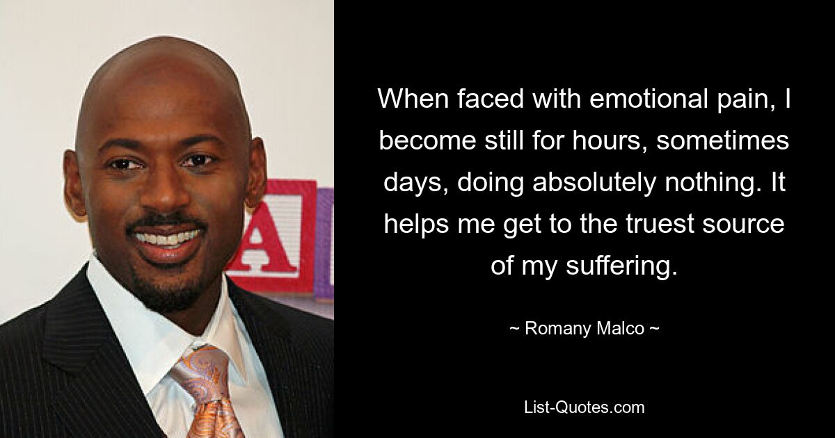 When faced with emotional pain, I become still for hours, sometimes days, doing absolutely nothing. It helps me get to the truest source of my suffering. — © Romany Malco