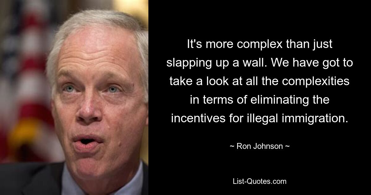 It's more complex than just slapping up a wall. We have got to take a look at all the complexities in terms of eliminating the incentives for illegal immigration. — © Ron Johnson