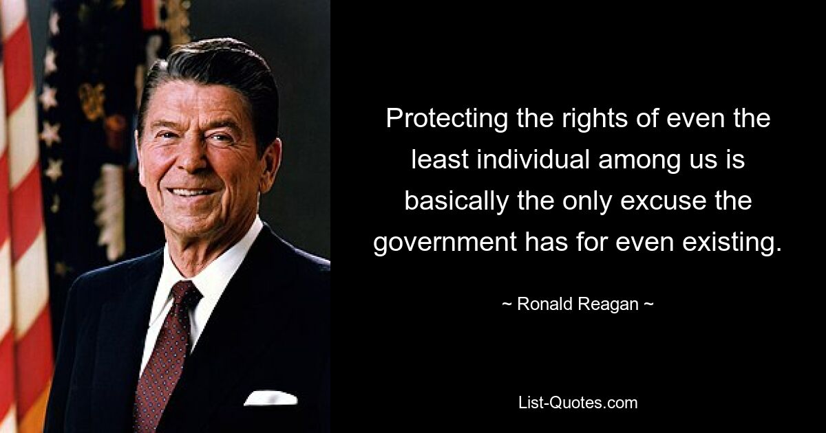 Protecting the rights of even the least individual among us is basically the only excuse the government has for even existing. — © Ronald Reagan