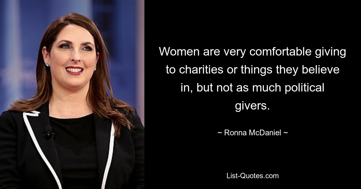 Women are very comfortable giving to charities or things they believe in, but not as much political givers. — © Ronna McDaniel