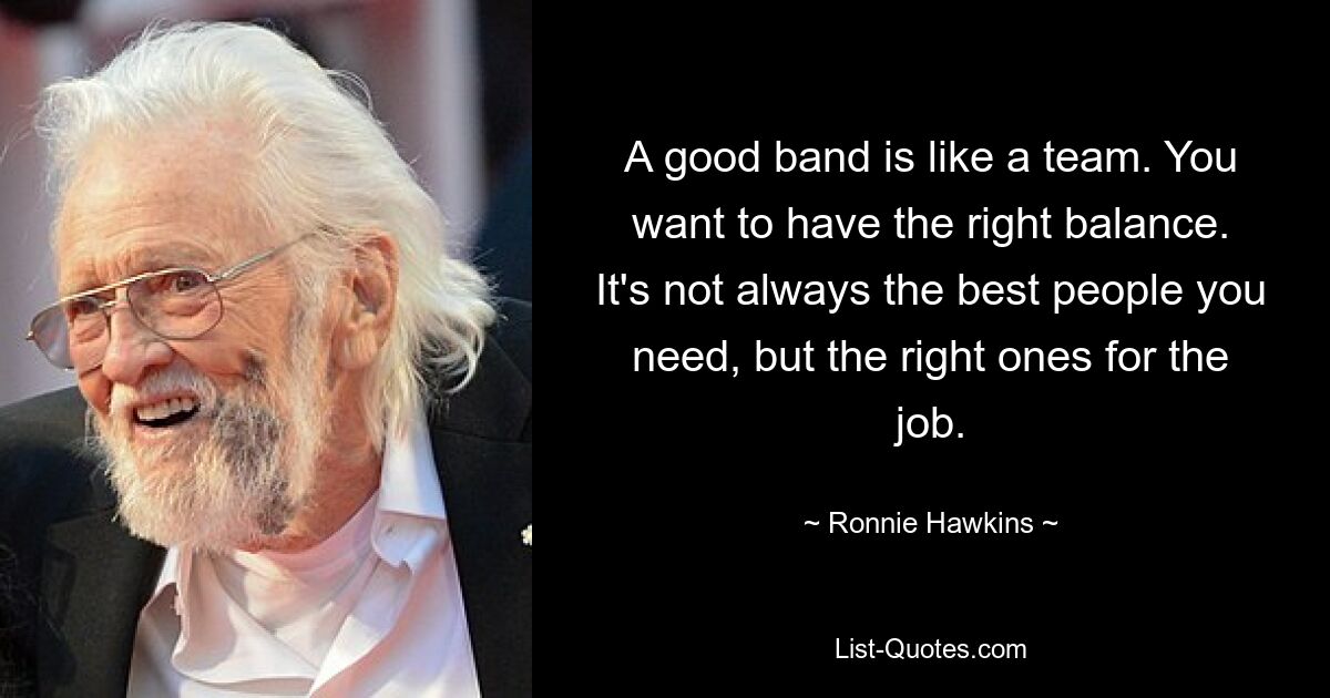 A good band is like a team. You want to have the right balance. It's not always the best people you need, but the right ones for the job. — © Ronnie Hawkins