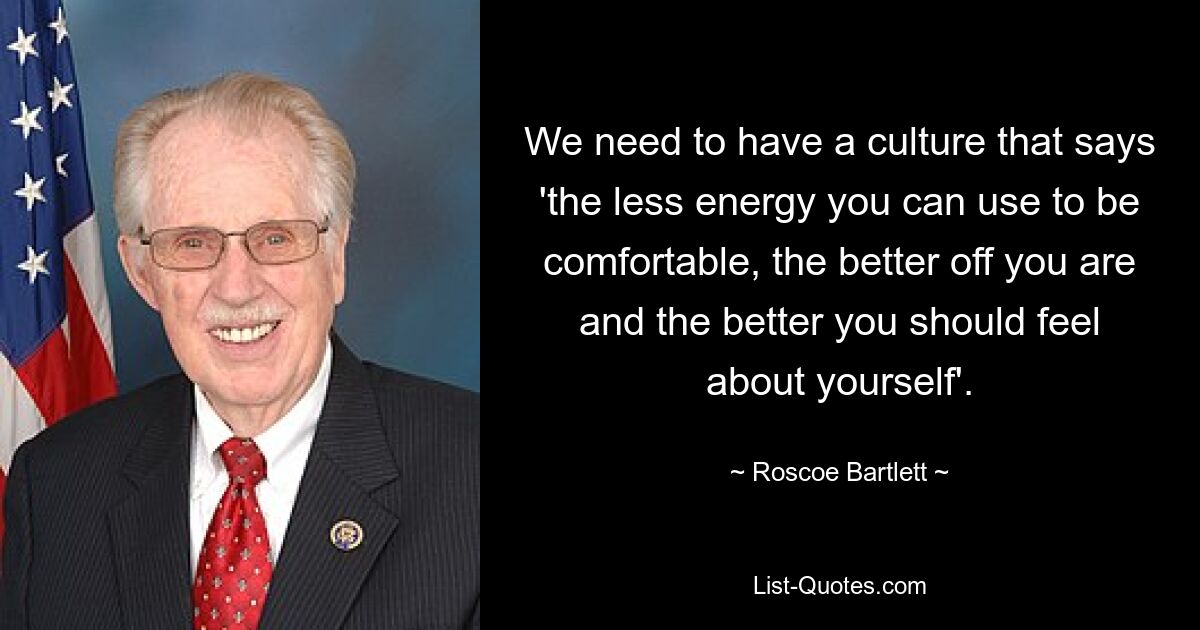 We need to have a culture that says 'the less energy you can use to be comfortable, the better off you are and the better you should feel about yourself'. — © Roscoe Bartlett