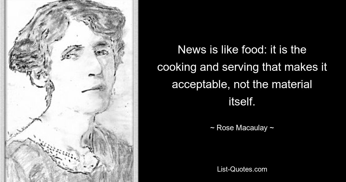 News is like food: it is the cooking and serving that makes it acceptable, not the material itself. — © Rose Macaulay