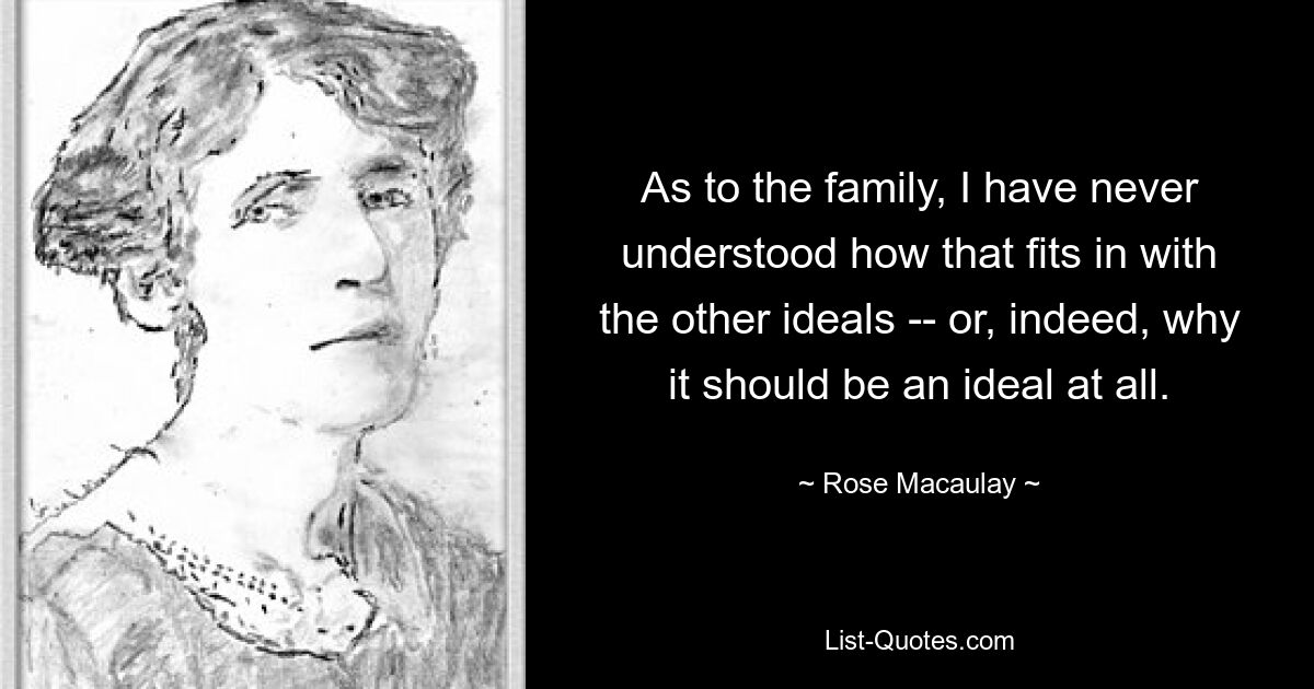 As to the family, I have never understood how that fits in with the other ideals -- or, indeed, why it should be an ideal at all. — © Rose Macaulay