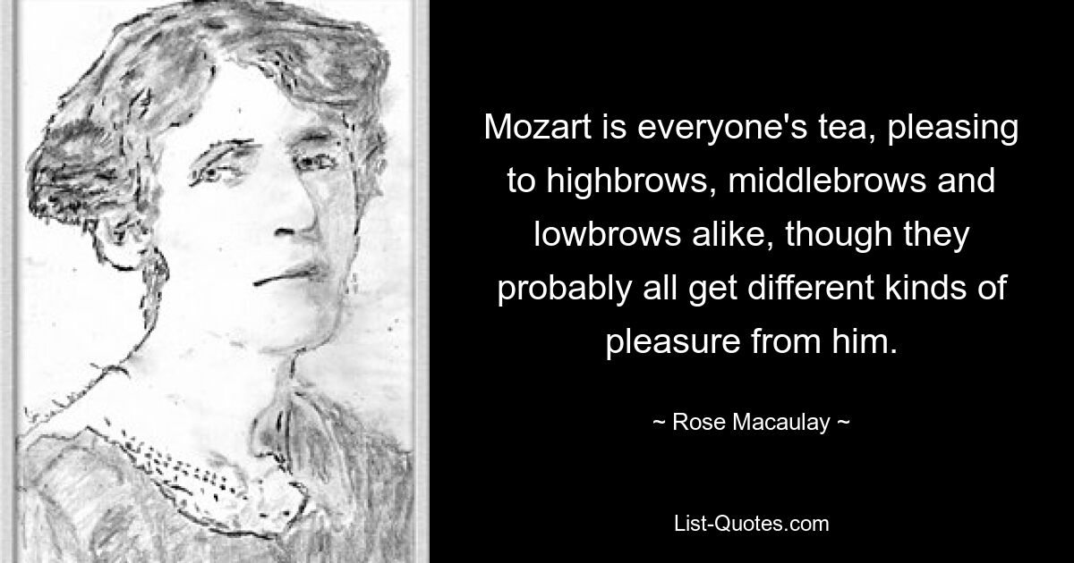 Mozart is everyone's tea, pleasing to highbrows, middlebrows and lowbrows alike, though they probably all get different kinds of pleasure from him. — © Rose Macaulay