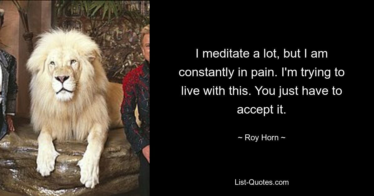 I meditate a lot, but I am constantly in pain. I'm trying to live with this. You just have to accept it. — © Roy Horn