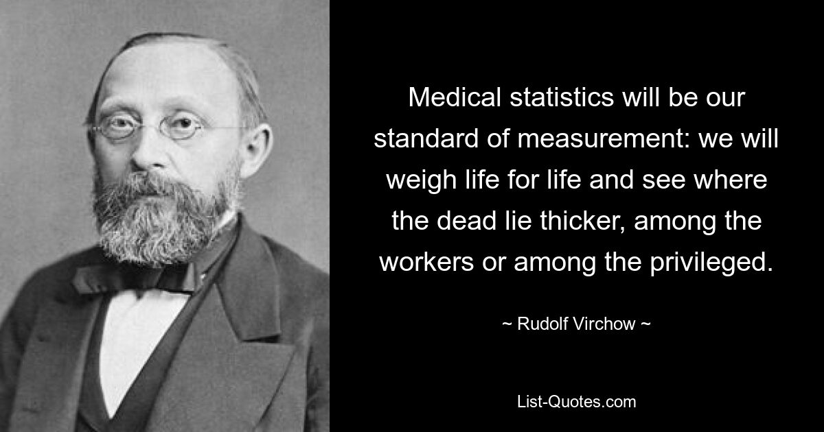 Medical statistics will be our standard of measurement: we will weigh life for life and see where the dead lie thicker, among the workers or among the privileged. — © Rudolf Virchow