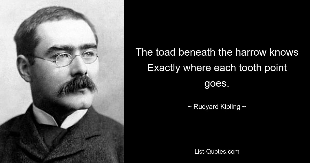 The toad beneath the harrow knows Exactly where each tooth point goes. — © Rudyard Kipling