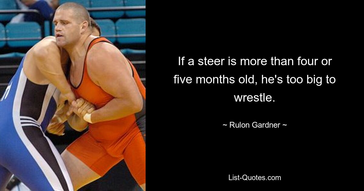 If a steer is more than four or five months old, he's too big to wrestle. — © Rulon Gardner