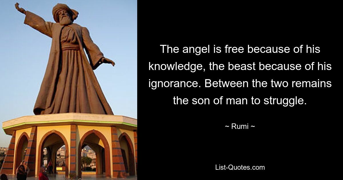 The angel is free because of his knowledge, the beast because of his ignorance. Between the two remains the son of man to struggle. — © Rumi