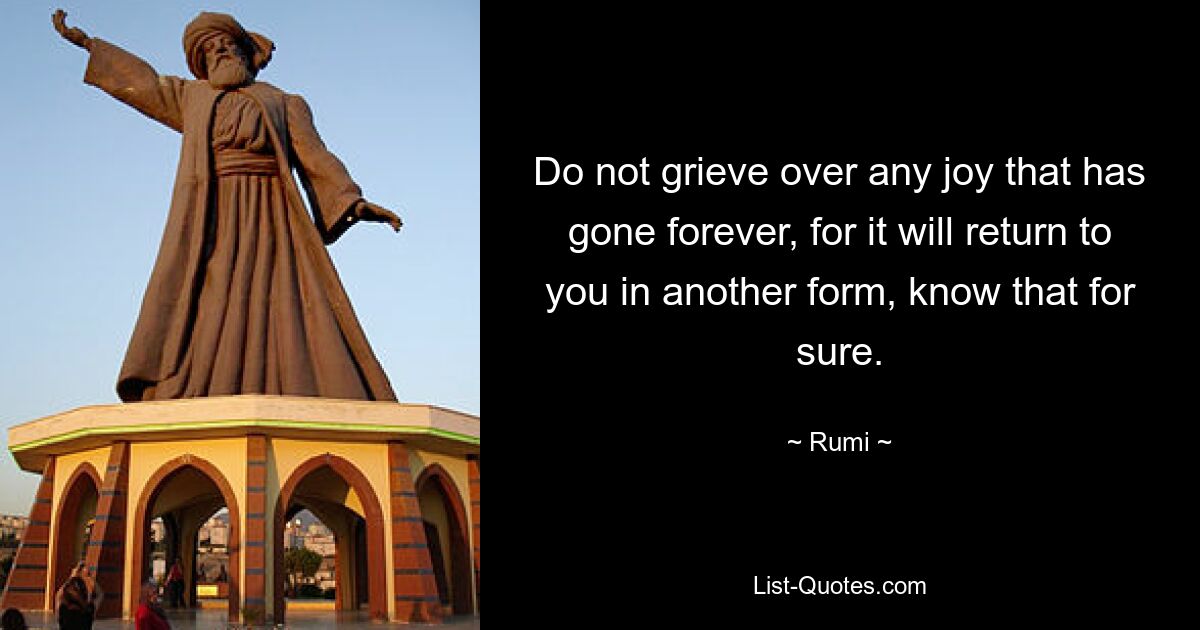 Do not grieve over any joy that has gone forever, for it will return to you in another form, know that for sure. — © Rumi