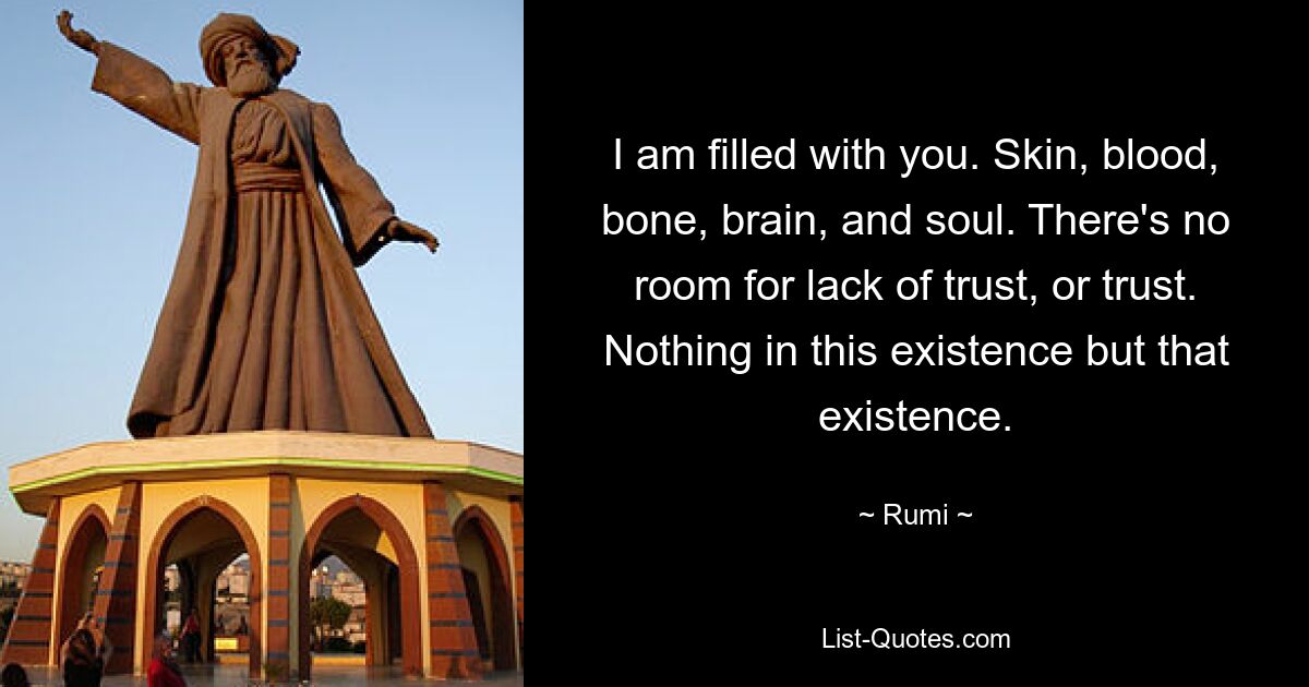 I am filled with you. Skin, blood, bone, brain, and soul. There's no room for lack of trust, or trust. Nothing in this existence but that existence. — © Rumi