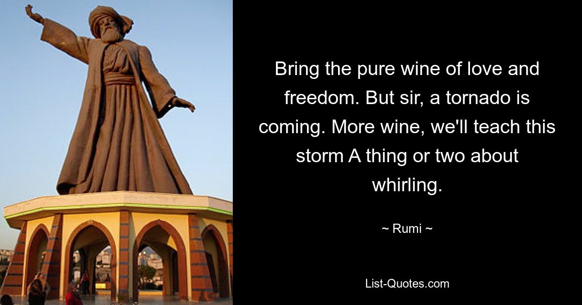 Bring the pure wine of love and freedom. But sir, a tornado is coming. More wine, we'll teach this storm A thing or two about whirling. — © Rumi