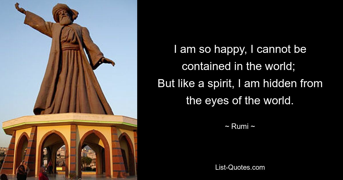 I am so happy, I cannot be contained in the world; 
But like a spirit, I am hidden from the eyes of the world. — © Rumi