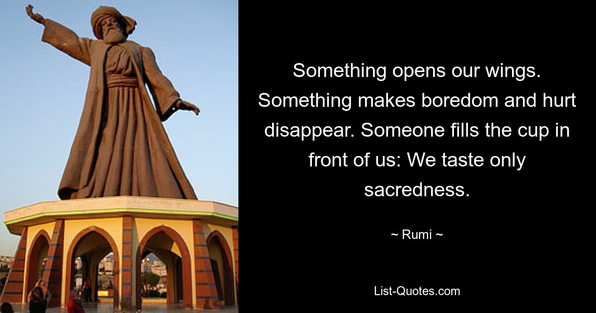 Something opens our wings. Something makes boredom and hurt disappear. Someone fills the cup in front of us: We taste only sacredness. — © Rumi