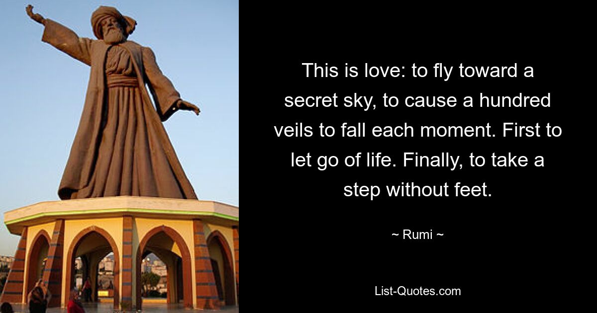 This is love: to fly toward a secret sky, to cause a hundred veils to fall each moment. First to let go of life. Finally, to take a step without feet. — © Rumi