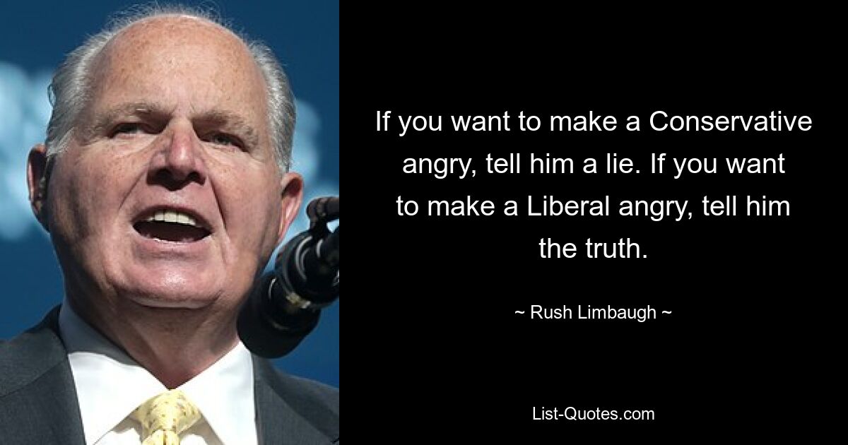 If you want to make a Conservative angry, tell him a lie. If you want to make a Liberal angry, tell him the truth. — © Rush Limbaugh