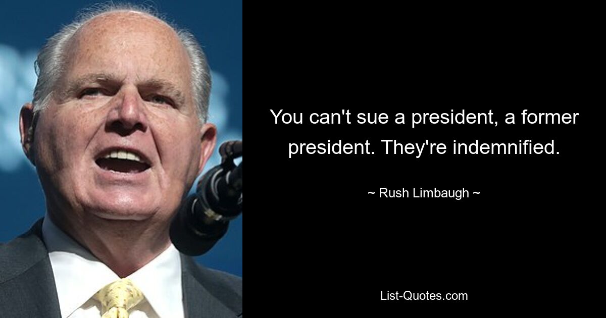 You can't sue a president, a former president. They're indemnified. — © Rush Limbaugh