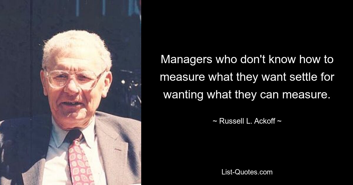 Managers who don't know how to measure what they want settle for wanting what they can measure. — © Russell L. Ackoff