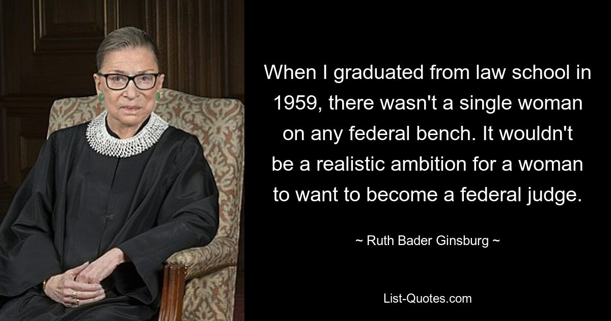 When I graduated from law school in 1959, there wasn't a single woman on any federal bench. It wouldn't be a realistic ambition for a woman to want to become a federal judge. — © Ruth Bader Ginsburg