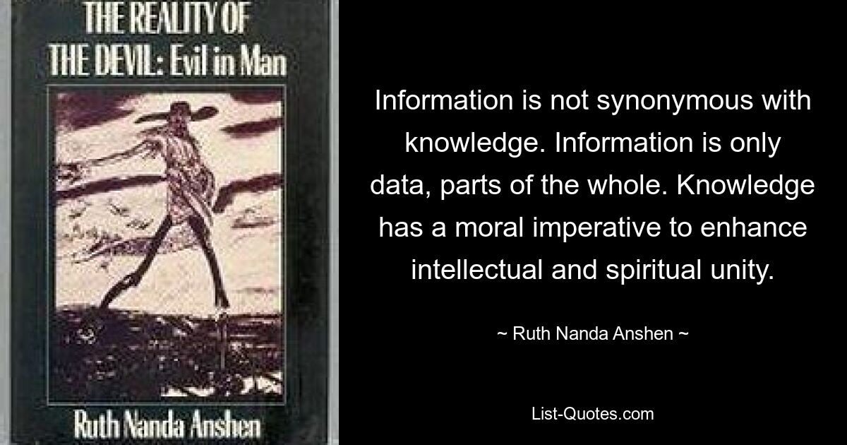 Information is not synonymous with knowledge. Information is only data, parts of the whole. Knowledge has a moral imperative to enhance intellectual and spiritual unity. — © Ruth Nanda Anshen